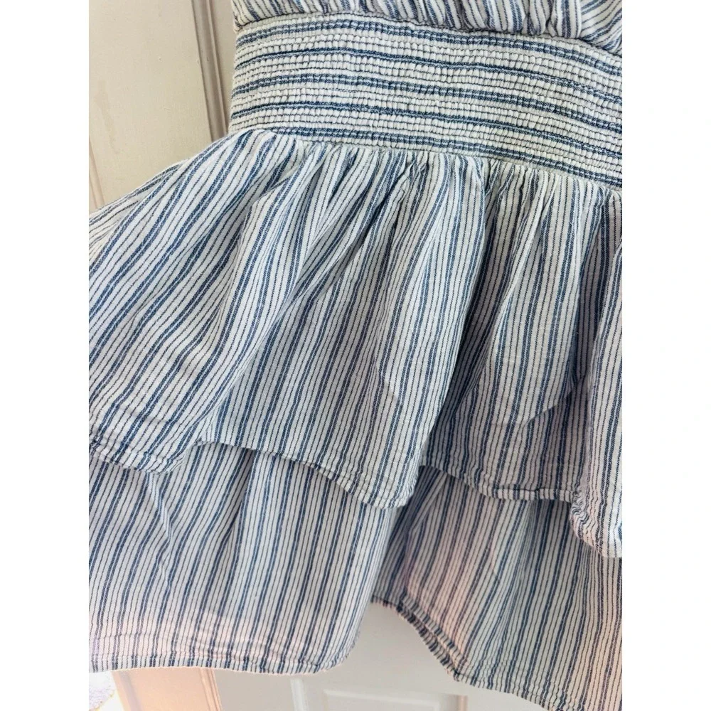 American Eagle Striped Tiered Ruffle Mini Dress Blue White Linen Blend Size S - Picture 5 of 8